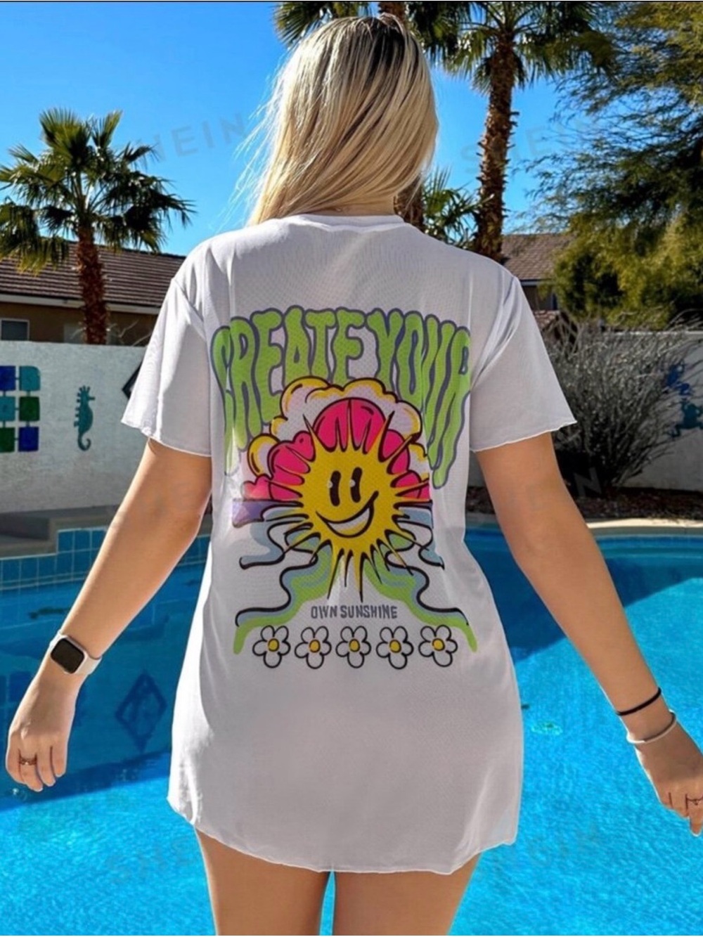 SHEIN White Graphic Sun Smiley Swim Coverup